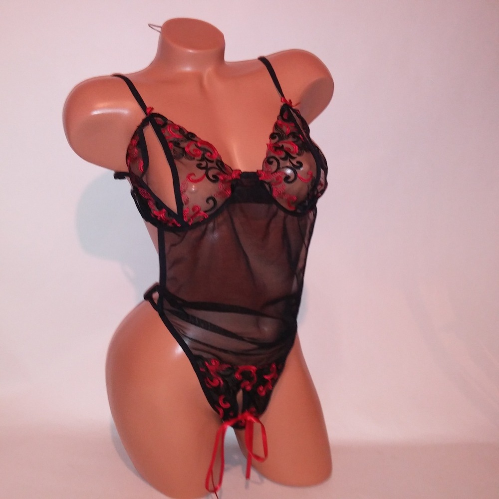 Fredericks of Hollywood Lingerie Teddy Bodysuit One Piece Large Black Red Sheer